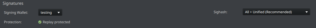 The send screen reporting a transaction as replay protected
